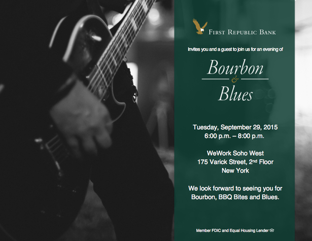 First Republic invitation for Bourbon and Blues at WeWork Soho West, September 29, 2015