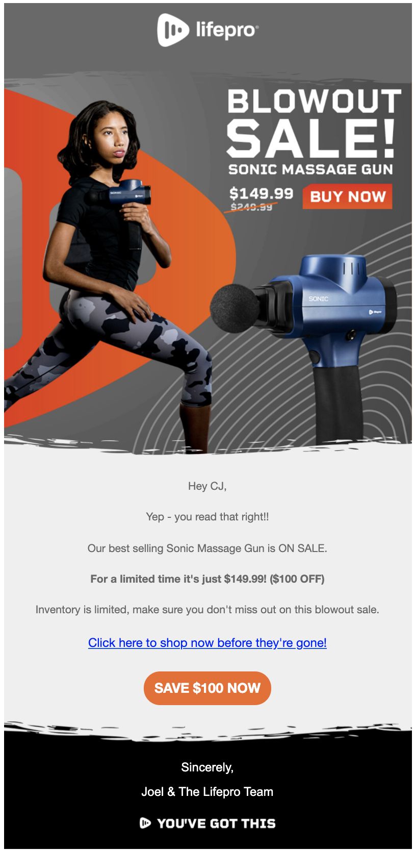 Original Lifepro Sonic massage-gun promotional email, showing the actual creative, copy and call to action