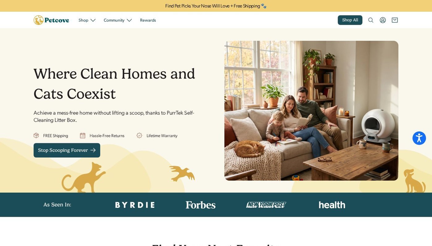 Petcove’s cat-focused homepage proposition