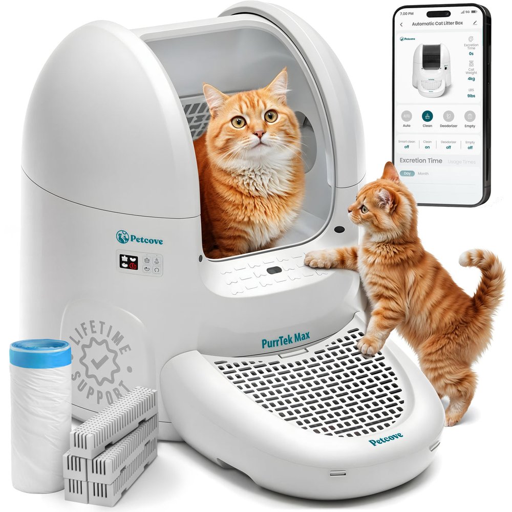 Petcove PurrTek Max creative with cats, product and connected app